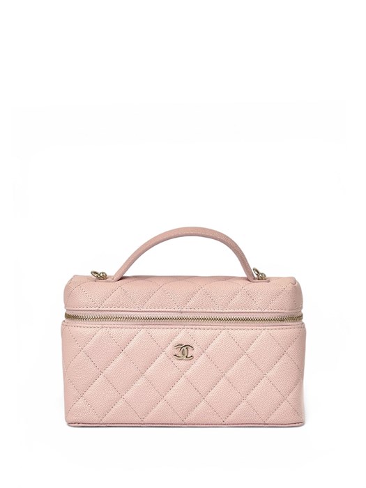CHANEL сумка Vanity с ручкой кожа икра клетка розовая золото СК-01539