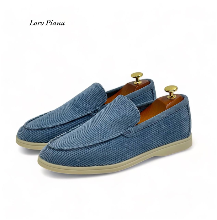 LORO PIANA лоферы низкие вельветовая ткань голубые с белой подошвой ОК-2474