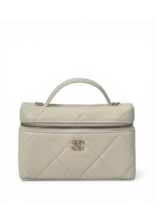 CHANEL сумка Vanity молочная с ручкой кожа икра крупная клетка золото СК-01257