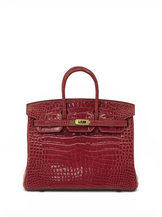 HERMES сумка Birkin 25 см красная кожа крокодила золото СК-00388