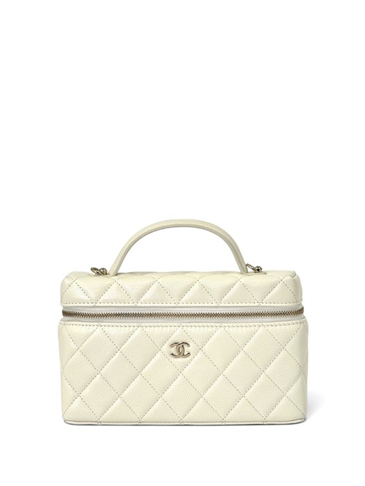 CHANEL сумка Vanity с ручкой кожа икра клетка белая золото СК-01544