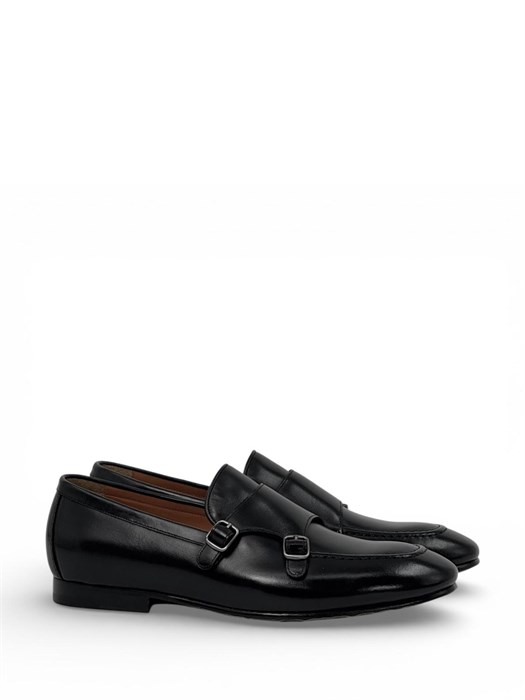 SANTONI лоферы гладкая черная кожа с перемычкой ОК-01079