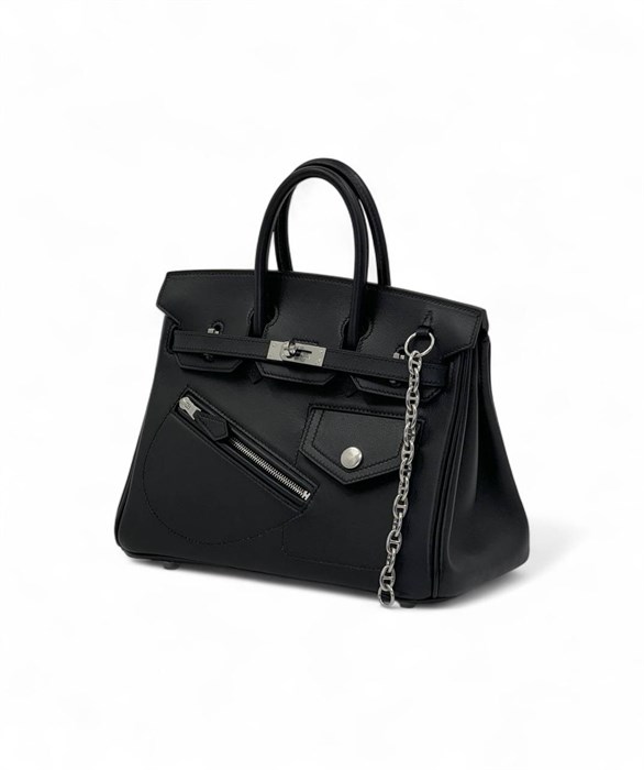 Hermes сумка Birkin 25 см гладкая кожа карман на кнопке черная серебро СК-00778