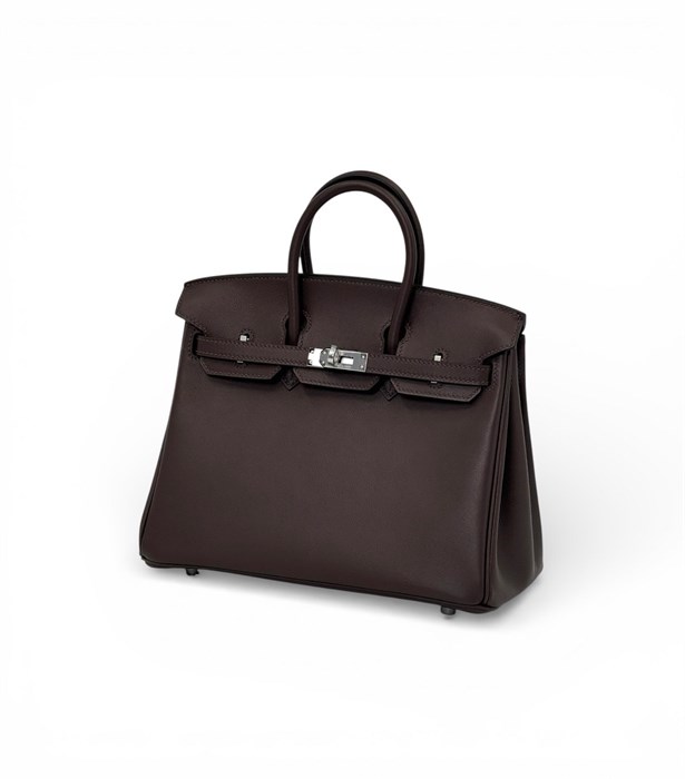 HERMES сумка Birkin 25 см гладкая кожа шоколадная серебро СК-01148