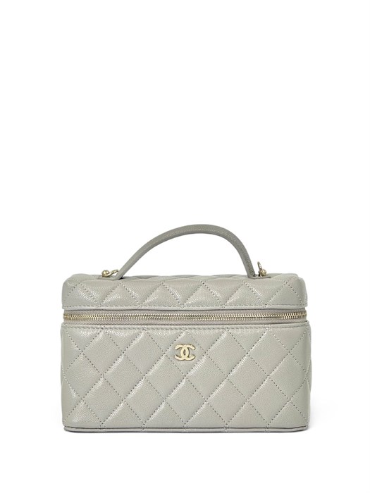 CHANEL сумка Vanity с ручкой кожа икра клетка серая золото СК-01541
