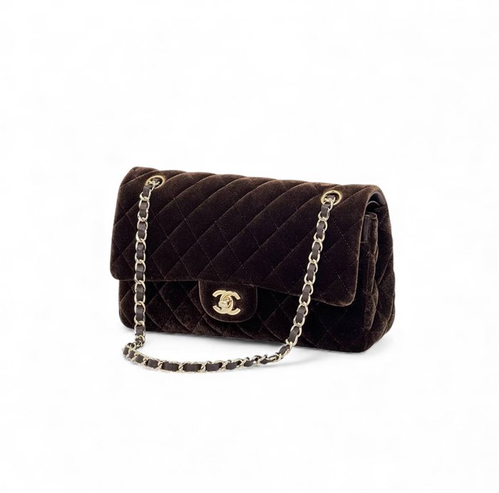 CHANEL сумка 2.55 бархат в клетку 25 см коричневый золото СК-00289