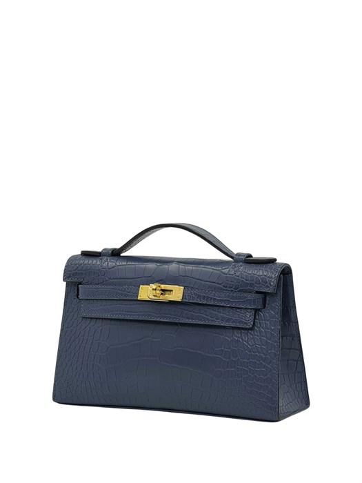 HERMES клатч POCHETTE 22 см синяя кожа крокодила золото СК-00371