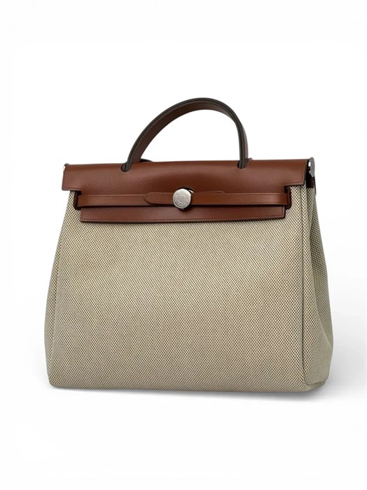 HERMES Herbag сумка 31 см бежевый текстиль коричневая кожа серебро СК-01232