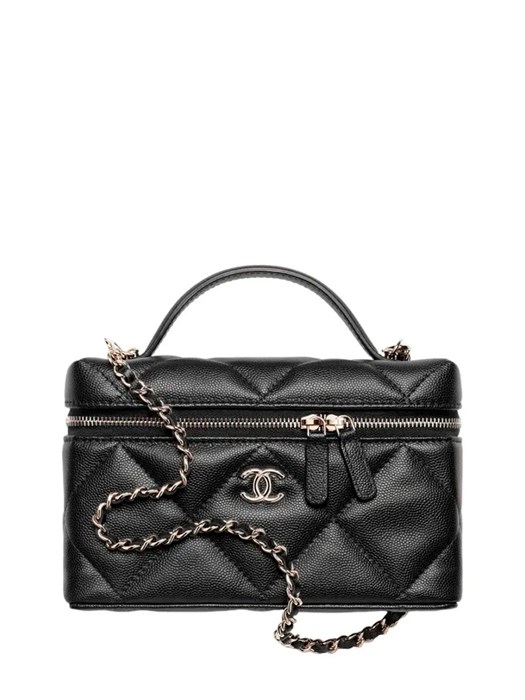 CHANEL сумка черная с ручкой кожа икра крупная клетка золото СК-01255