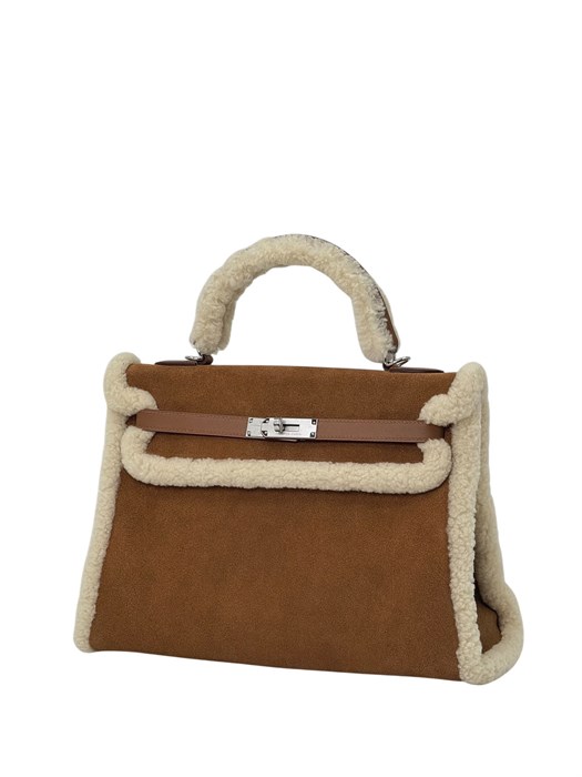 HERMES сумка Kelly 35 см кэмел меховая серебро СК-00764