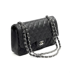 CHANEL сумка 2.55 кожа икра в клетку 25 см черная серебро СК-9793