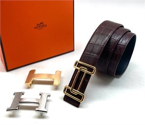 HERMES ремень крокодил джинсовый съемная пряжка темно-бордовый РМ-1056