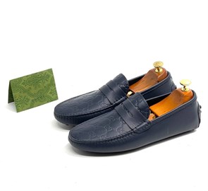 GUCCI лоферы из синей кожи монограмма с перемычкой ОК-2535
