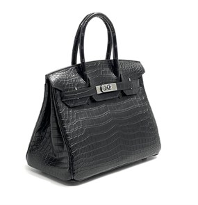 HERMES сумка Birkin 30 см черная кожа крокодила серебро СК-00386
