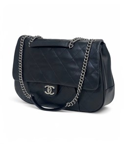 CHANEL сумка гладкая кожа с клапаном черная серебро СК-00258