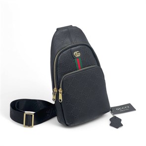GUCCI слинг кожа тисненная монограмма черная с текстильно красно зеленой полоской по центру СЛ-1956