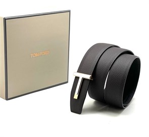 TOM FORD Ремень темно-коричневый, выпуклая серебряная буква Т на золотом основании РМ-2440