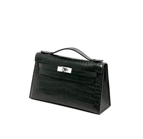HERMES клатч POCHETTE 22 см черная кожа крокодила серебро СК-00375