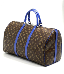LV дорожная сумка KEEPALL 50 канва коричневая монограмма с отделкой из синей кожи ДС-1044