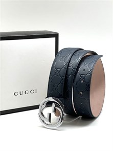 GUCCI ремень кожа монограмма синий пряжка GG серебро РМ-1155