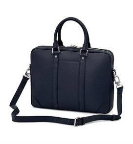 LV  портфель с ремнем синий кожа Тайга кармашек сбоку между кожаными ремнями ПР-2481
