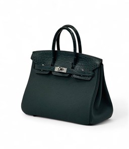 HERMES сумка Birkin 25 см кожа Того и кожа крокодила зеленая серебро СК-00458