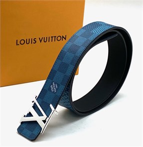 LV ремень двухсторонний синий в новую шашку-черный гладкая кожа пряжка LV серебро РМ-1733