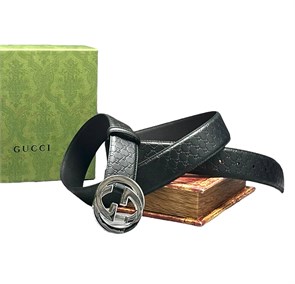 GUCCI ремень черная кожа тиснение мелкой монограммы пряжка GG серебро РМ-2387