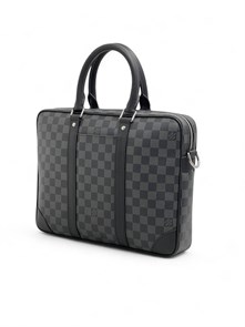 LV портфель с ремнем серая шашка кармашек сбоку между кожаными полосами уголки кожаные ПР-2478