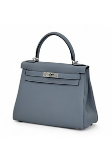 HERMES Kelly 28 см сумка голубая кожа того серебро СК-00404