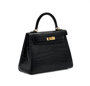 HERMES сумка KELLY 25 см черная  кожа крокодила золото СК-00365