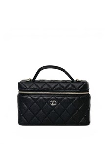 CHANEL сумка Vanity с ручкой кожа икра клетка черная золото СК-01538
