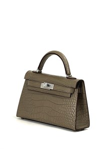 HERMES сумка MINI KELLY 19 см серо-бежевая кожа крокодила серебро СК-00378