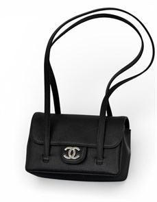 CHANEL сумка длинные ручки кожа икра черная серебро СК-00871