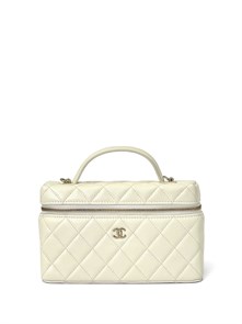 CHANEL сумка Vanity с ручкой кожа икра клетка белая золото СК-01544