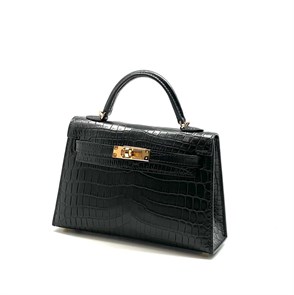 HERMES сумка MINI KELLY 19 см черная кожа крокодила золото СК-00376
