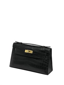 HERMES клатч POCHETTE 22 см черная кожа крокодила золото СК-00368