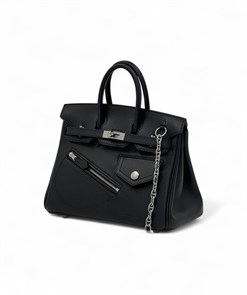 Hermes сумка Birkin 25 см гладкая кожа карман на кнопке черная серебро СК-00778