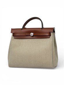 HERMES Herbag сумка 31 см бежевый текстиль коричневая кожа серебро СК-01232