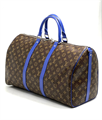 LV дорожная сумка KEEPALL 50 канва коричневая монограмма с отделкой из синей кожи ДС-1044