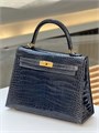 HERMES сумка KELLY 25 см лаковая кожа крокодила синяя золото СК-00779