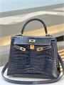 HERMES сумка KELLY 25 см лаковая кожа крокодила синяя золото СК-00779