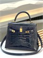 HERMES сумка KELLY 25 см лаковая кожа крокодила синяя золото СК-00779