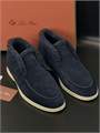 LORO PIANA лоферы высокие с мехом наружу на белой подошве синяя замша ОК-2595