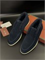 LORO PIANA лоферы высокие с мехом наружу на белой подошве синяя замша ОК-2595