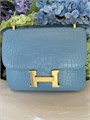 HERMES сумка Constance 18 см кожа крокодила голубая золото СК-00443