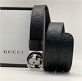 GUCCI ремень кожа монограмма черный гладкий пряжка круглая лого плоская РМ-1178