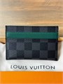 LV визитница 2 визитки серая шашка зеленая кожа ВЗ-01119