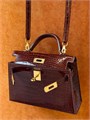 HERMES сумка MINI KELLY 19 см коричневая лак кожа крокодила золото СК-00377